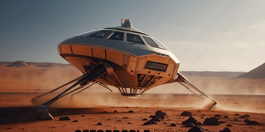 A futuristic vehicle on a dusty surface