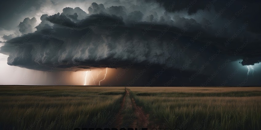 A storm cloud looms over a lone path in the middle of a field