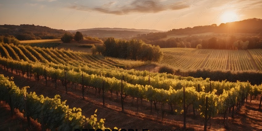 A vineyard with a beautiful sunset in the background