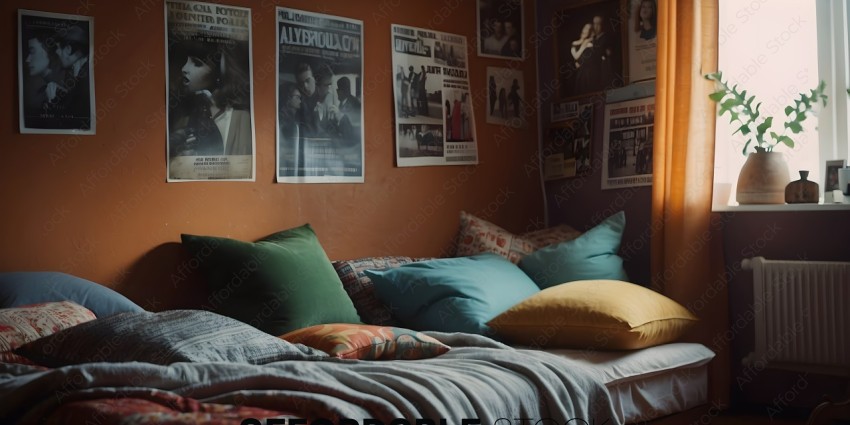 A bed with pillows and blankets in a room with posters on the wall