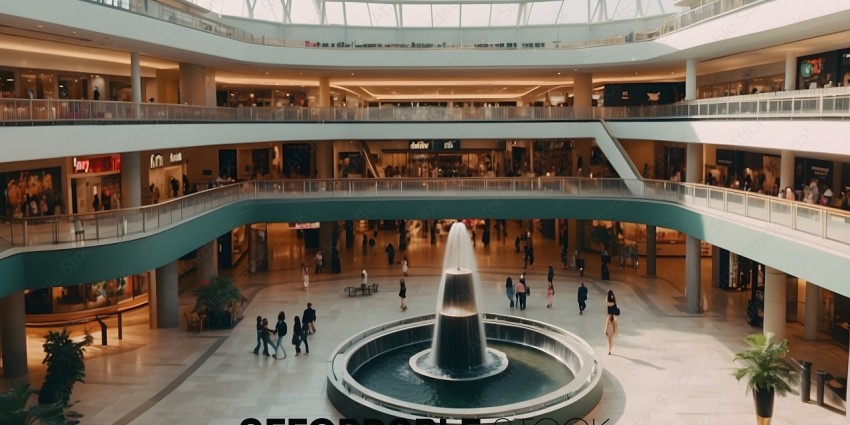 A group of people walking around a large fountain in a mall