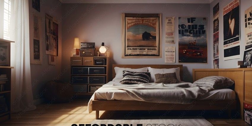 A bedroom with a poster on the wall