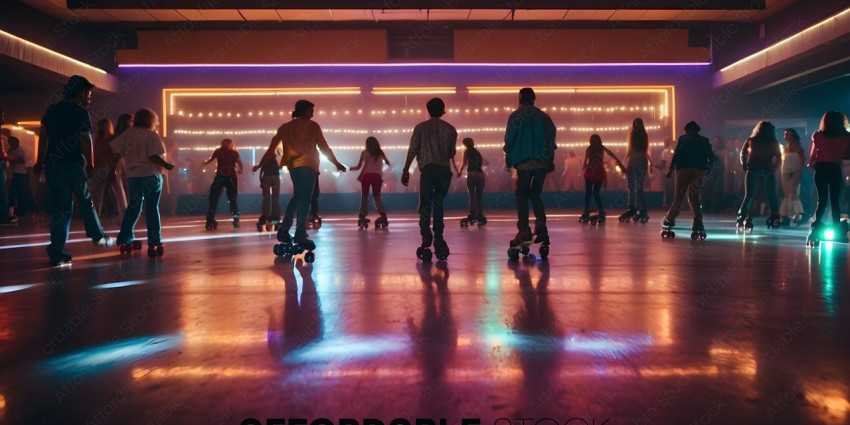 Skaters at a roller rink, one with a yellow shirt