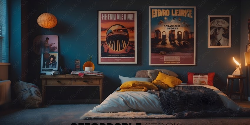 A bedroom with a poster of a piano on the wall
