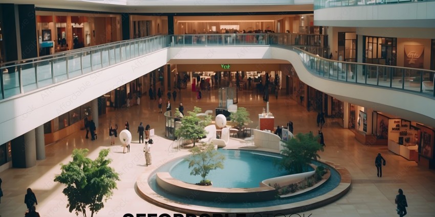 A large open mall with a swimming pool in the middle
