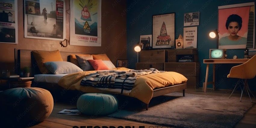 A bedroom with a yellow bed and a blue pillow