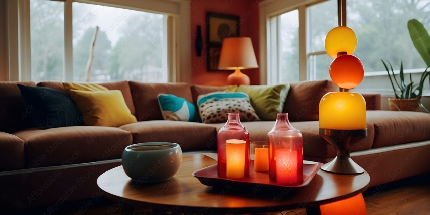 A cozy living room with a table with candles and a coffee cup
