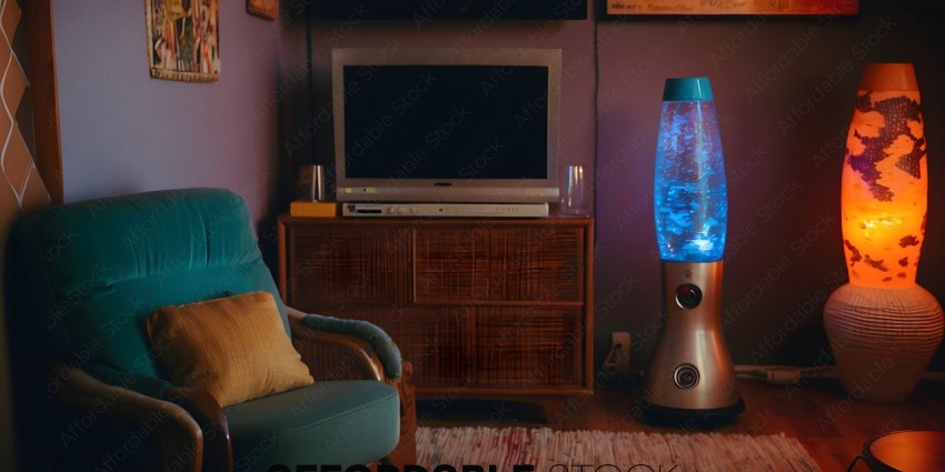 A blue lava lamp sits on a table next to a television