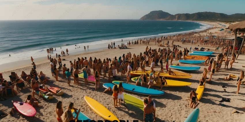 A Crowd of People on a Beach with Surfboards