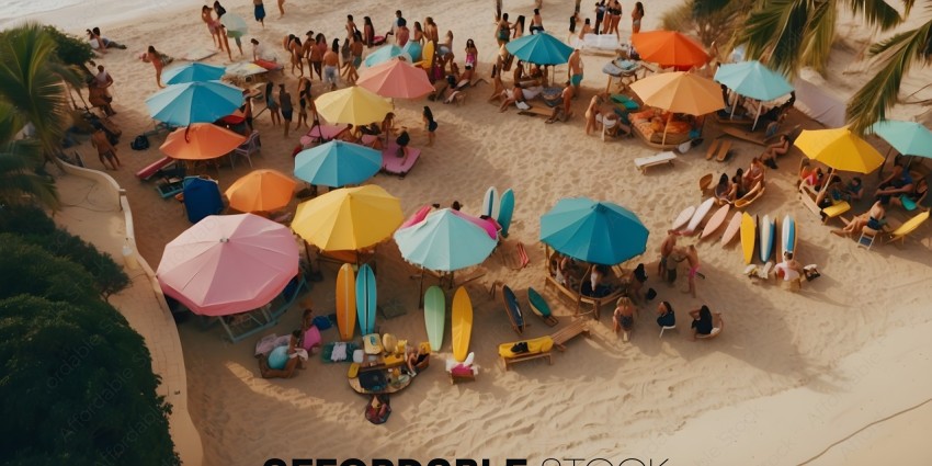 Beachgoers under colorful umbrellas