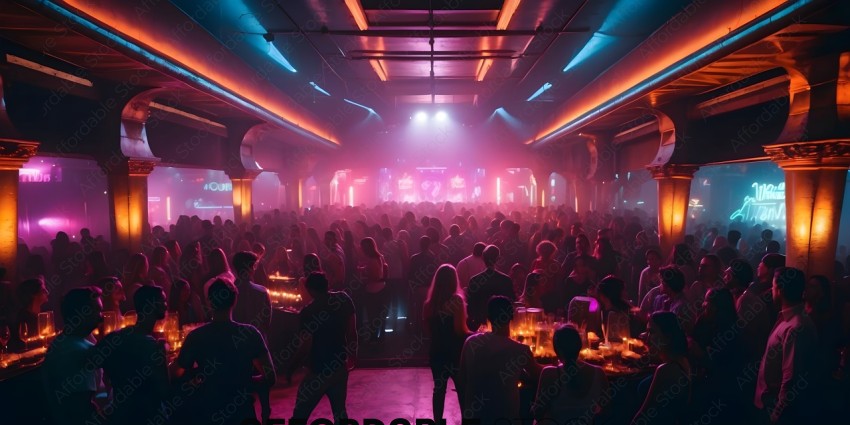 A large crowd of people in a dark room with a pink and blue lighting