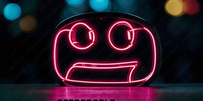 A pink neon face with a frowning mouth