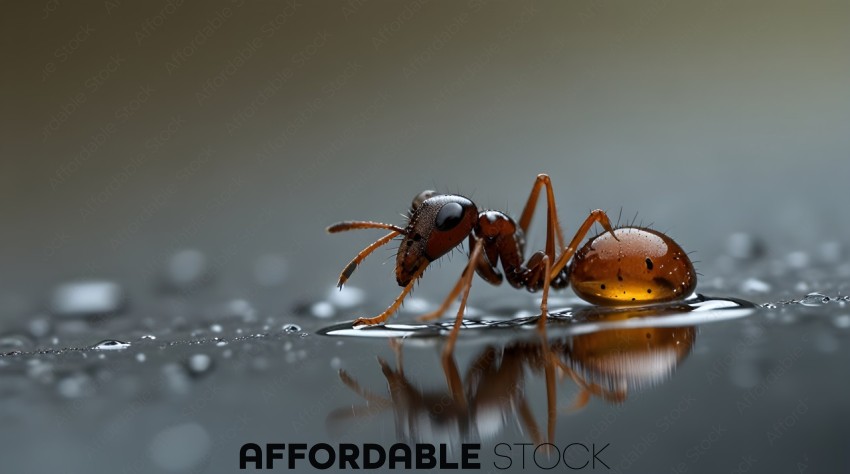 A close up of a red ant on a wet surface