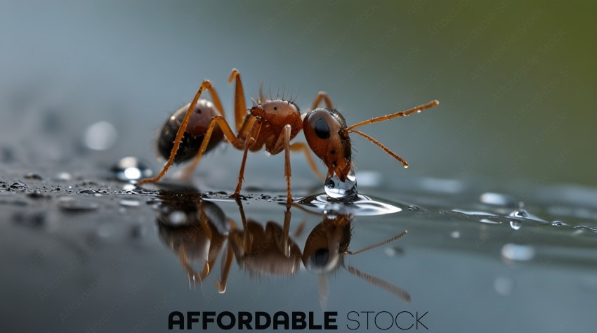 A red ant drinking water from a puddle
