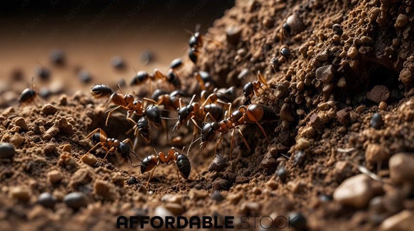 A group of ants are digging in the dirt