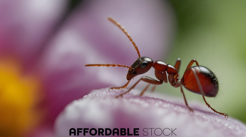 A red ant on a pink flower