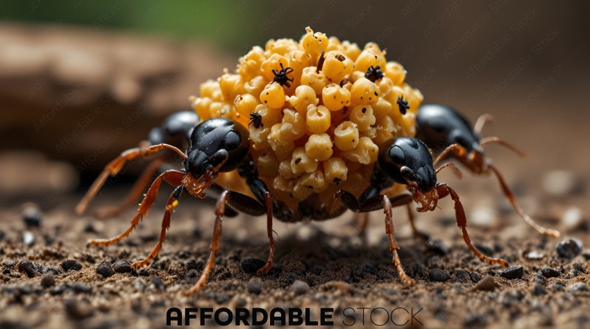A close up of a black ant with a yellow ball on its back