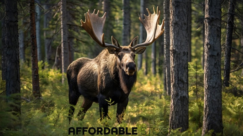 A moose with large antlers standing in a forest