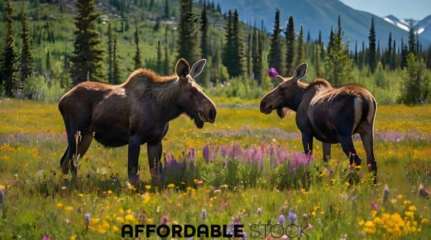 Two moose standing in a field of flowers