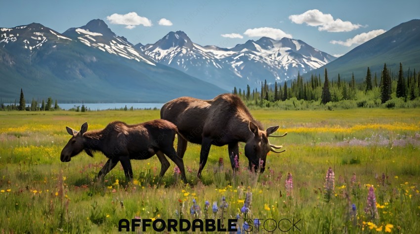 Two moose grazing in a field with mountains in the background