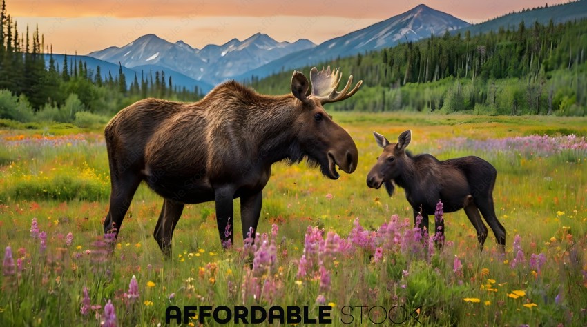 A moose and a calf in a field with mountains in the background