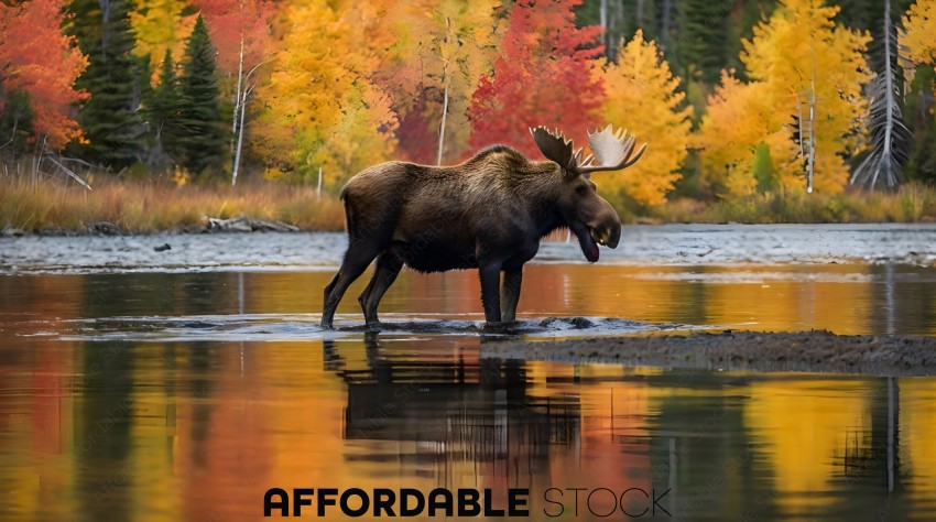 A moose in a river with a red tree in the background