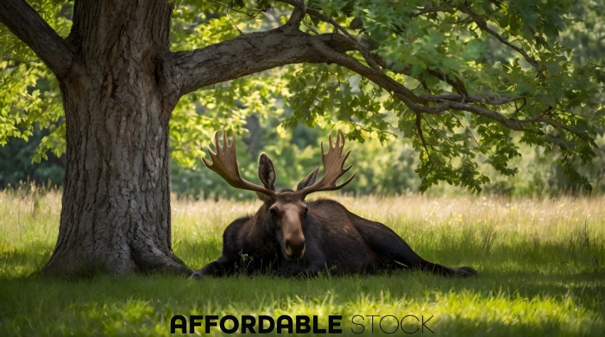 A moose lays in the grass under a tree