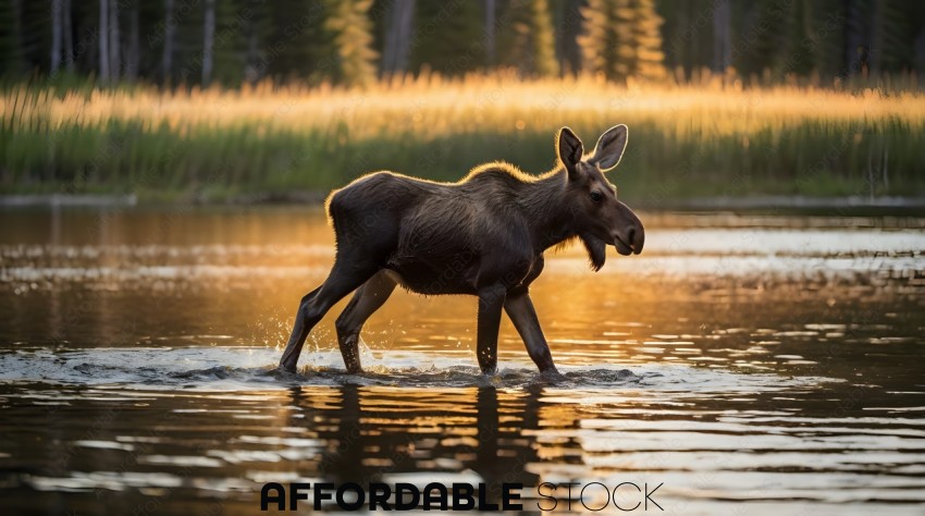 A moose walking through the water