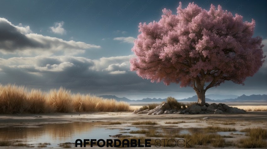 Serene Cherry Blossom Tree by Water Amidst Mountains