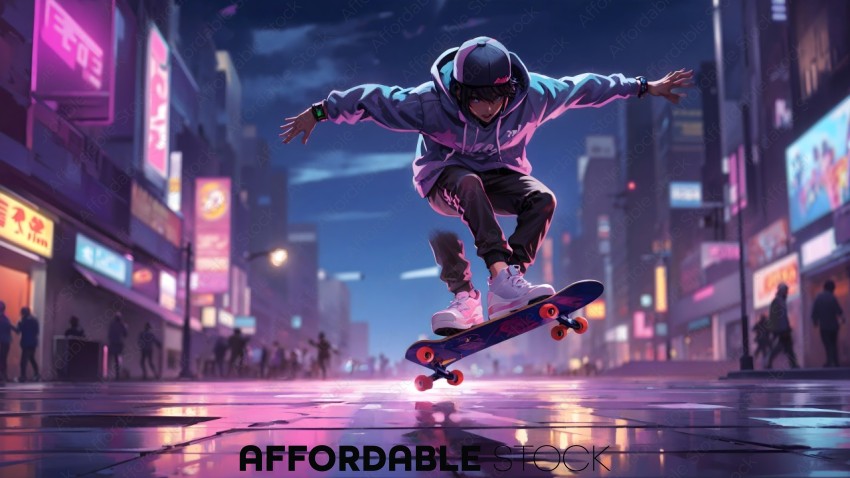 Skateboarder Performing Trick in Neon-Lit City