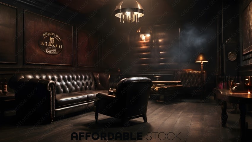 Elegant Vintage Style Leather Sofa in Dark Lounge