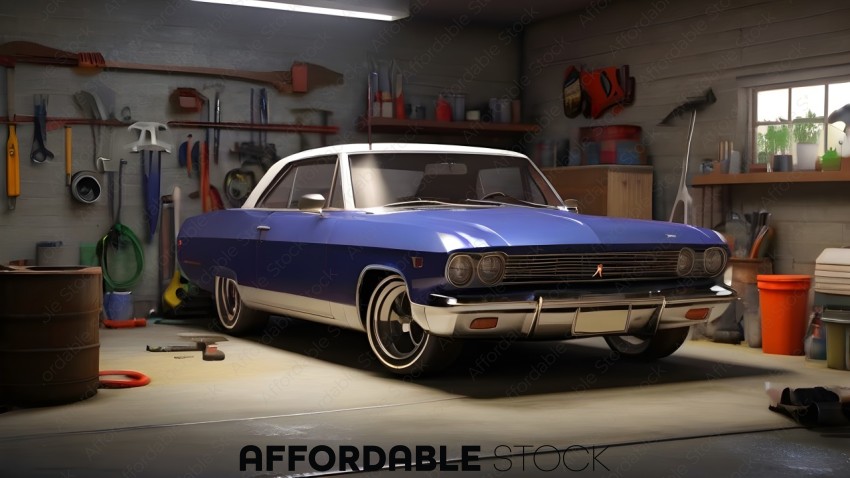 Vintage Blue Car in Home Garage