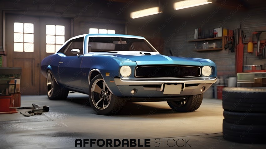 Classic Blue Muscle Car in Garage