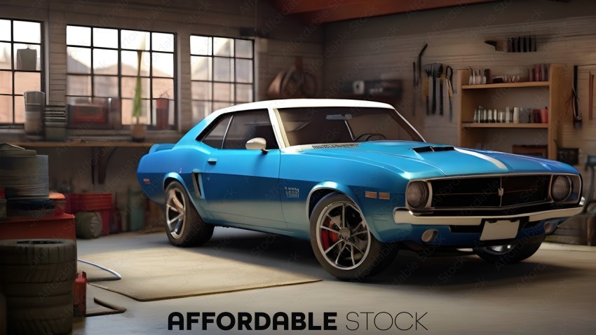 Classic Blue Muscle Car in Garage