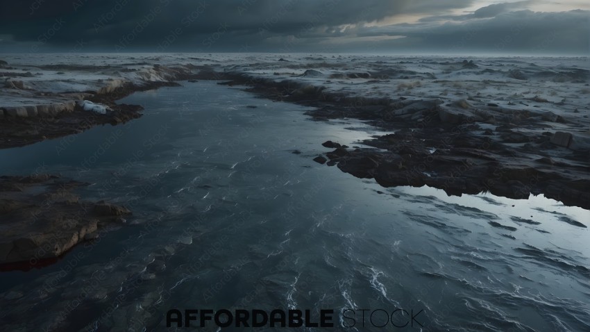 Moody Frozen Tundra Landscape with Dark Cloudy Skies