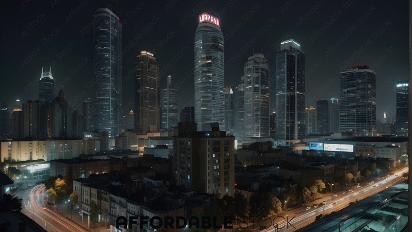 Nighttime Cityscape with Illuminated Skyscrapers