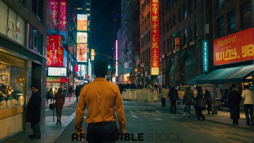 Man Walking in Bustling Chinatown at Night