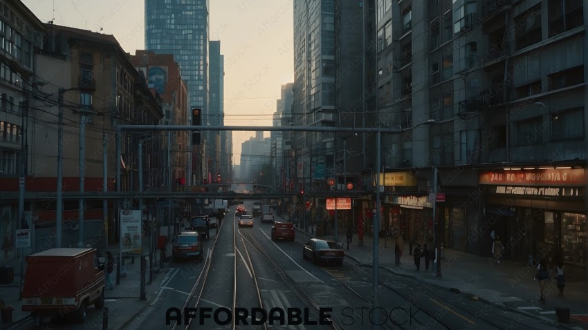 Urban Twilight Scene with Tram Tracks and Traffic