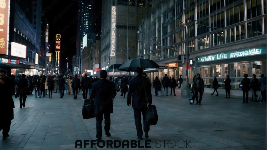 Businessman Walking with Umbrella in Busy City Street at Night