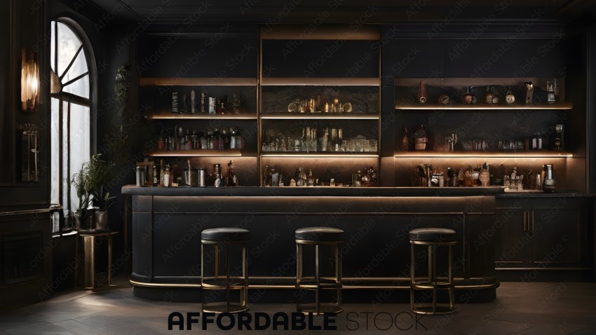 Elegant Bar Interior with Stools and Shelves