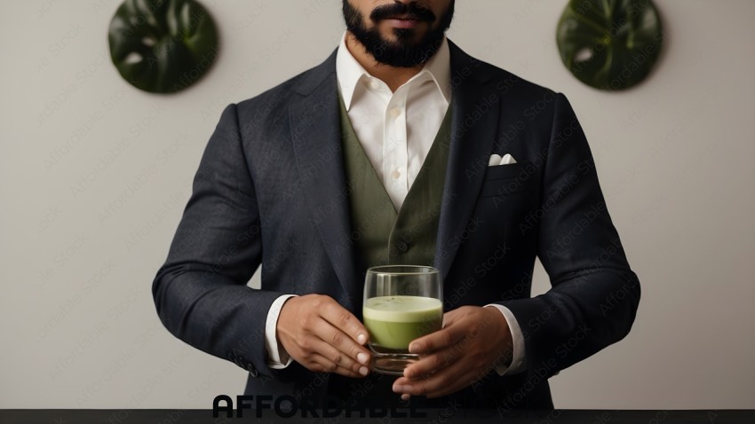 Man in Suit Holding Green Juice Glass