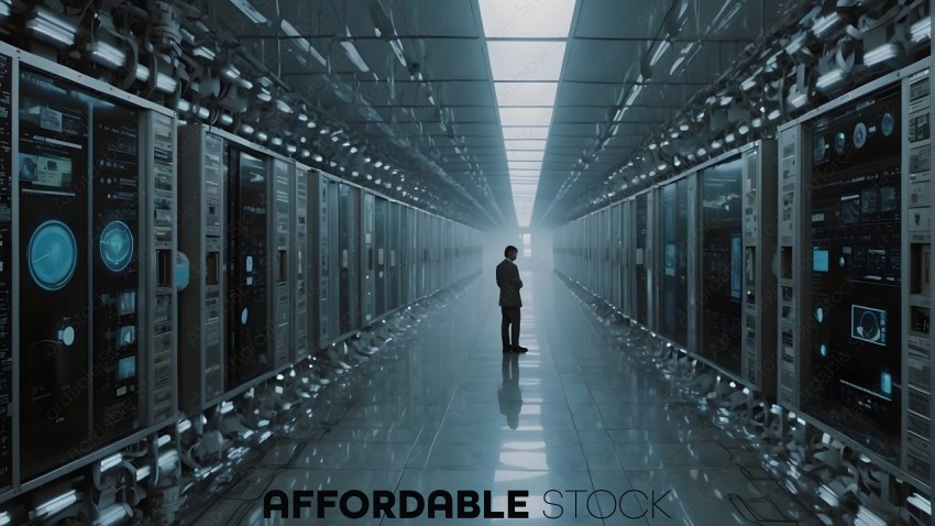 Man Standing Inside Futuristic Data Center