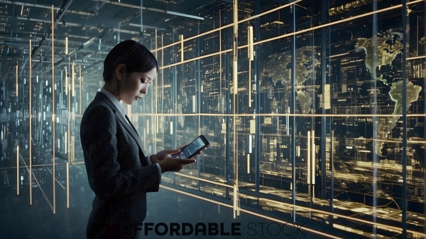 Businesswoman Using Smartphone in Data Center