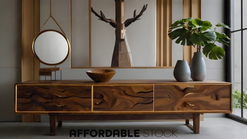 Modern Wooden Credenza with Decorative Vases