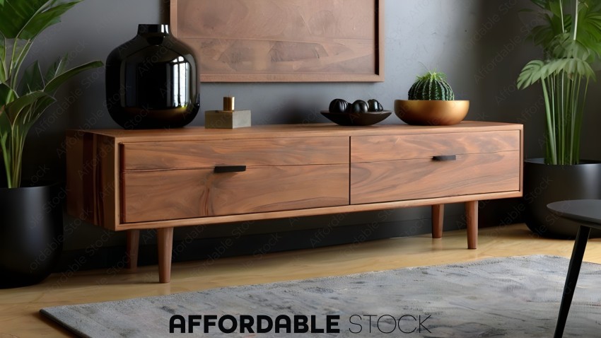 Modern Wooden Sideboard with Decorative Plants