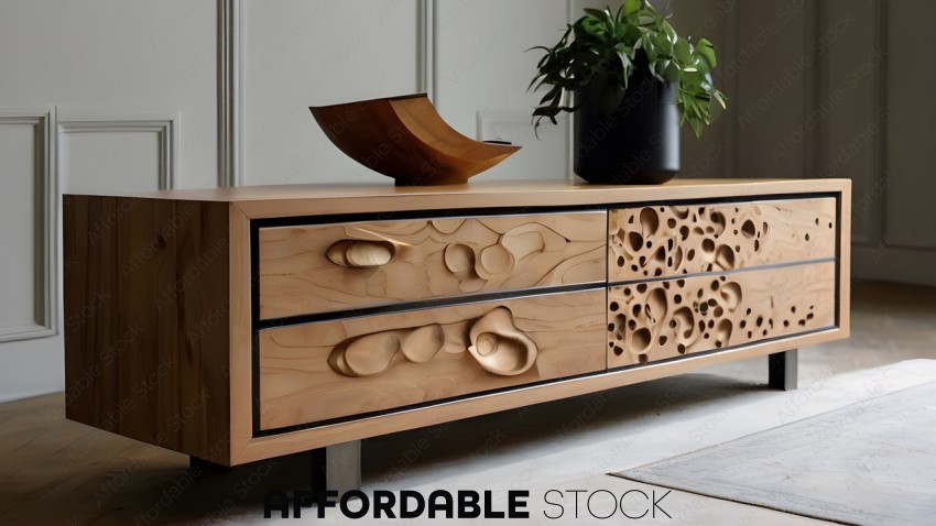 Designer Wooden Dresser with Unique Carved Drawers