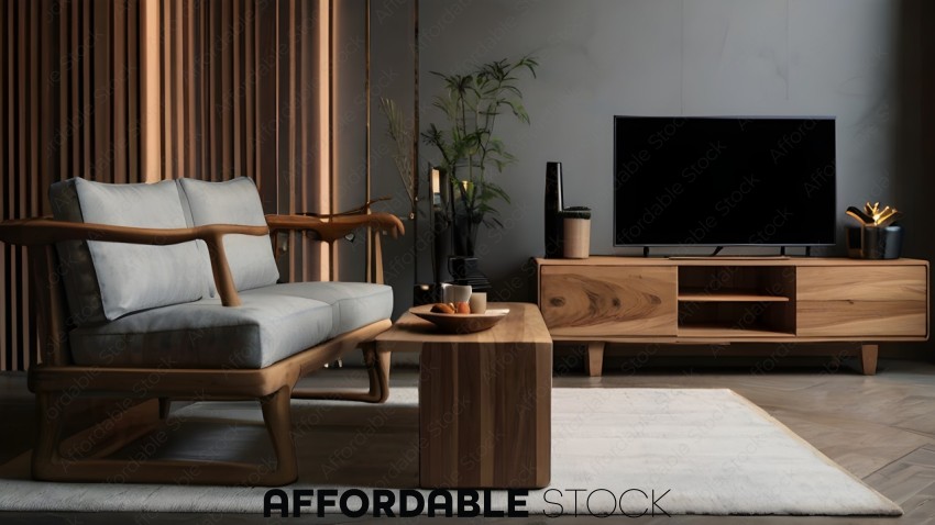 Modern Living Room Interior with Wooden Furniture