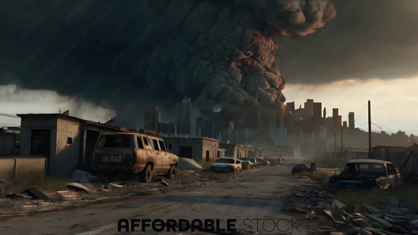 Post-Apocalyptic Cityscape with Volcanic Eruption