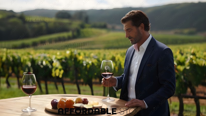 Man Tasting Wine in Vineyard
