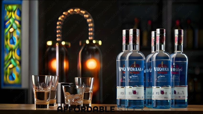Vodka Bottles and Glasses on Bar Counter